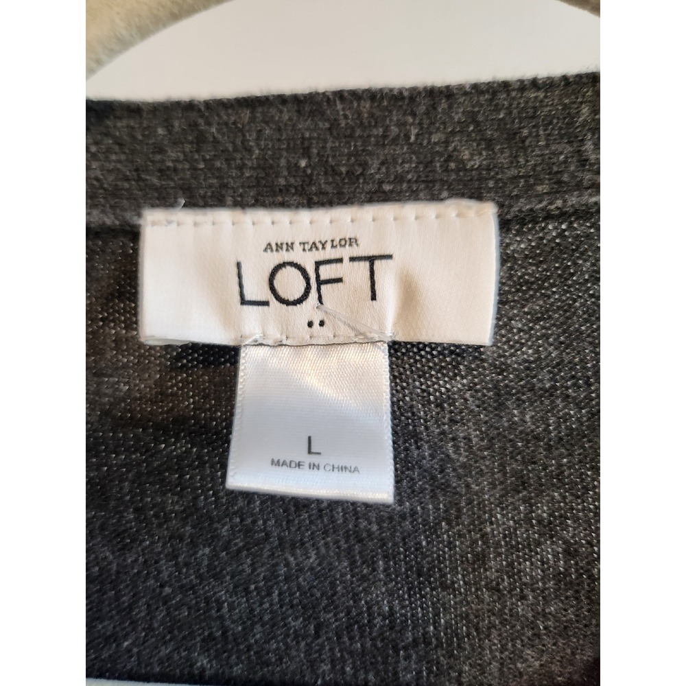 LOFT Women Gray Cardigan Sweater Sequin Embellished V Neck Button Front Size L - Picture 2 of 4